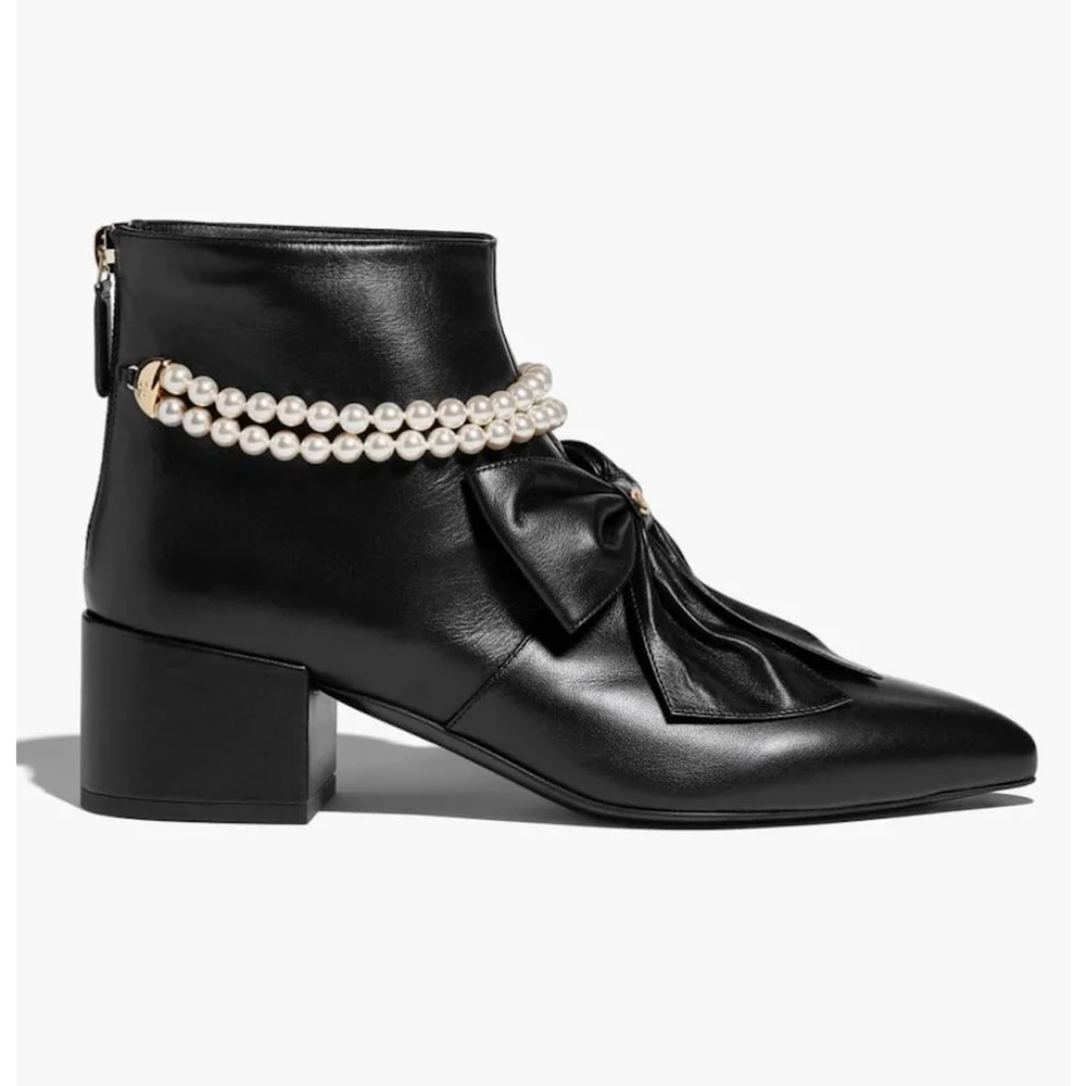 Chanel 24A Black Lambskin Ivory Pearl CC Bow Pointed Short Ankle Heel Boots 38